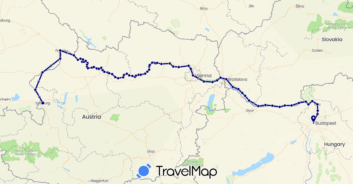 TravelMap itinerary: driving in Austria, Germany, Hungary, Slovakia (Europe)