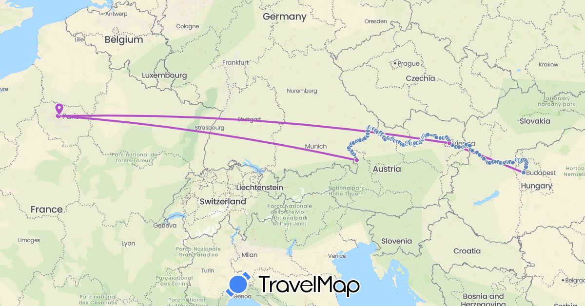 TravelMap itinerary: driving, cycling, train in Austria, Germany, France, Hungary, Slovakia (Europe)